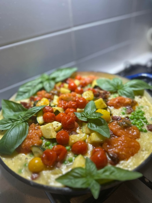Pancetta, pea & zucchini risotto